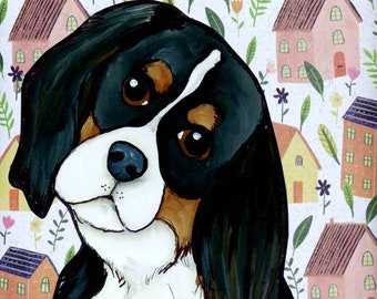 A House, Cavalier King Charles Spaniel dog wall art print