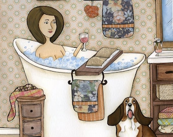 Bubbles and Bassets, Basset Hound dog wall art print gift