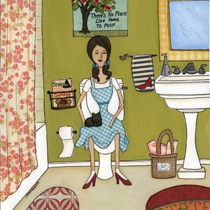 May include: A woman in a blue and white gingham dress sits on a white toilet with a black cat in her lap. The bathroom is decorated with a green wall, a floral shower curtain, and a sign that reads "There's No Place Like Home To POOP."