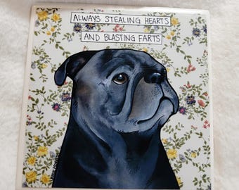 Stealing Hearts, Black Pug dog decorative coaster tile