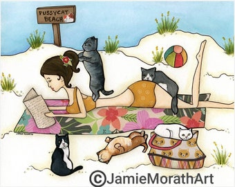 Pussycat Beach, cat wall art print