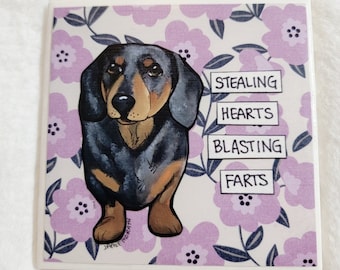 Stealing Hearts, dachshund dog decorative coaster tile