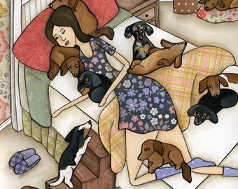 Sleeping With Her Wieners, dachshund dog wall art print