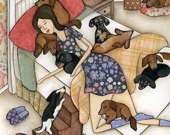 Sleeping With Her Wieners, dachshund dog wall art print