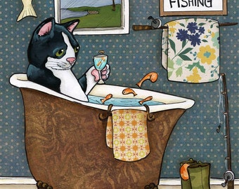 Cat Fishing, cat wall art print