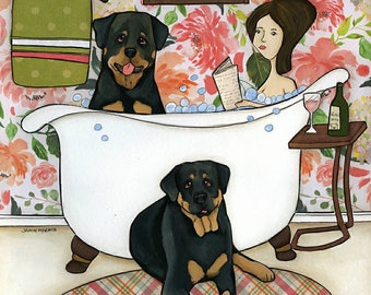 Rottweiler in the Tub, art print