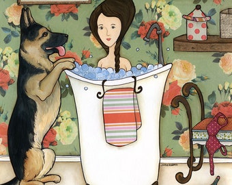 Taking A Bath, German Shepherd dog wall art print