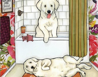 ORIGINAL PAINTING, No Washy Me, Great Pyrenees dog art