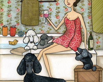 Poodles in the Tub, Poodle dog wall art print gifts