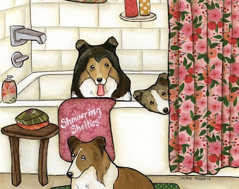 Showering Shelties, art print