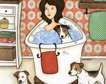 ORIGINAL PAINTING Wash My Jack- Jack Russel Terrier dog Original mixed media painting