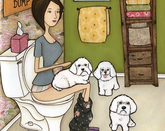 ORIGINAL PAINTING The Bichon Dump- Bichon Frise dog Original mixed media painting. Great gift ideas for dog lovers.