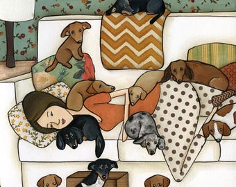 ORIGINAL PAINTING, Weenie Cuddle Life, Dachshund dog art