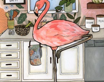 ORIGINAL PAINTING, Don't Make Me, Whimsical flamingo kitchen home decor. Great gift ideas for flamingo lovers.