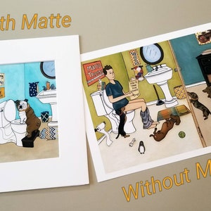 May include: A humorous illustration of a person and a dog sitting on toilets in a bathroom. The person is reading a book titled "How to Train Your Inner Winner". The dog is a bulldog and is wearing a collar. The bathroom has a blue wall, a white sink, and a white toilet. There are several other dogs in the bathroom, including a dachshund and a pug. The illustration is in a cartoon style and is drawn in bright colors.