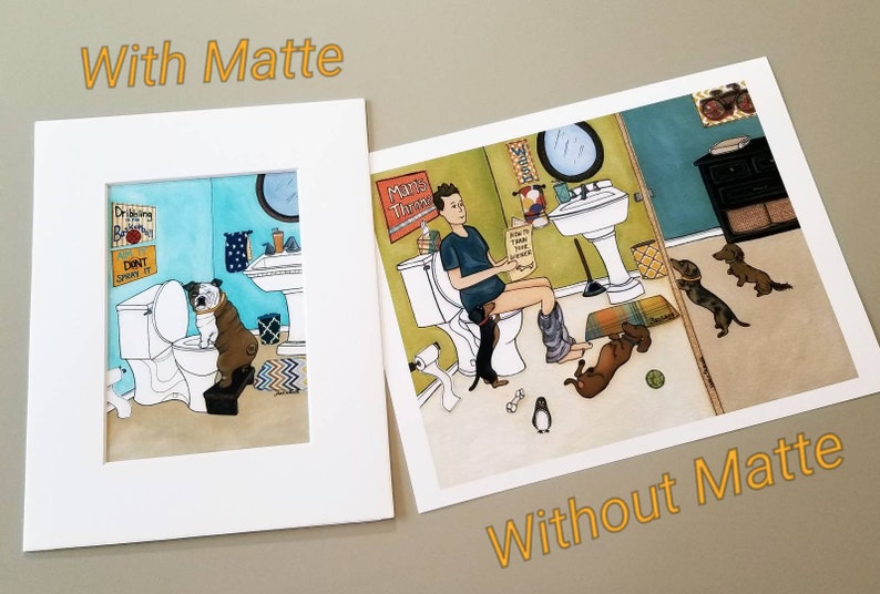 May include: A humorous illustration of a person and a dog sitting on toilets in a bathroom. The person is reading a book titled "How to Train Your Inner Winner". The dog is a bulldog and is wearing a collar. The bathroom has a blue wall, a white sink, and a white toilet. There are several other dogs in the bathroom, including a dachshund and a pug. The illustration is in a cartoon style and is drawn in bright colors.