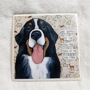 Könnte beinhalten: Ein weißer Keramikuntersetzer mit einer bunten Illustration eines Berner Sennenhunds mit dem Text "What happens at the dog park stays at the dog park".
