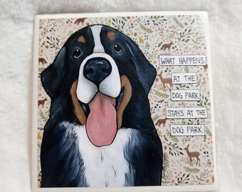 Dog Park, Bernese Mountain dog decorative coaster tile. Great gift ideas for dog lovers.