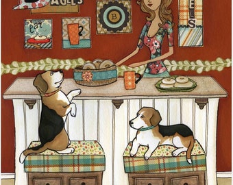 Beagles and Bagels, dog wall art print gifts