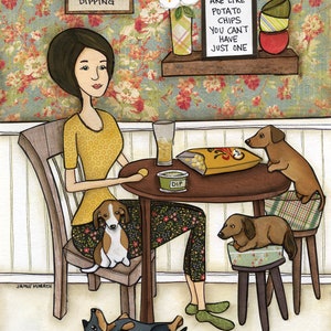 May include: A woman sits at a table with four dachshund dogs. The woman is wearing a yellow shirt and floral pants. The dogs are sitting on chairs and a stool. There is a sign on the wall that says "WEENIES ARE LIKE POTATO CHIPS YOU CAN'T HAVE JUST ONE".