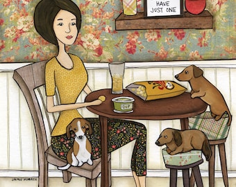 ORIGINAL Potato Chips, Dachshund dog mixed media painting