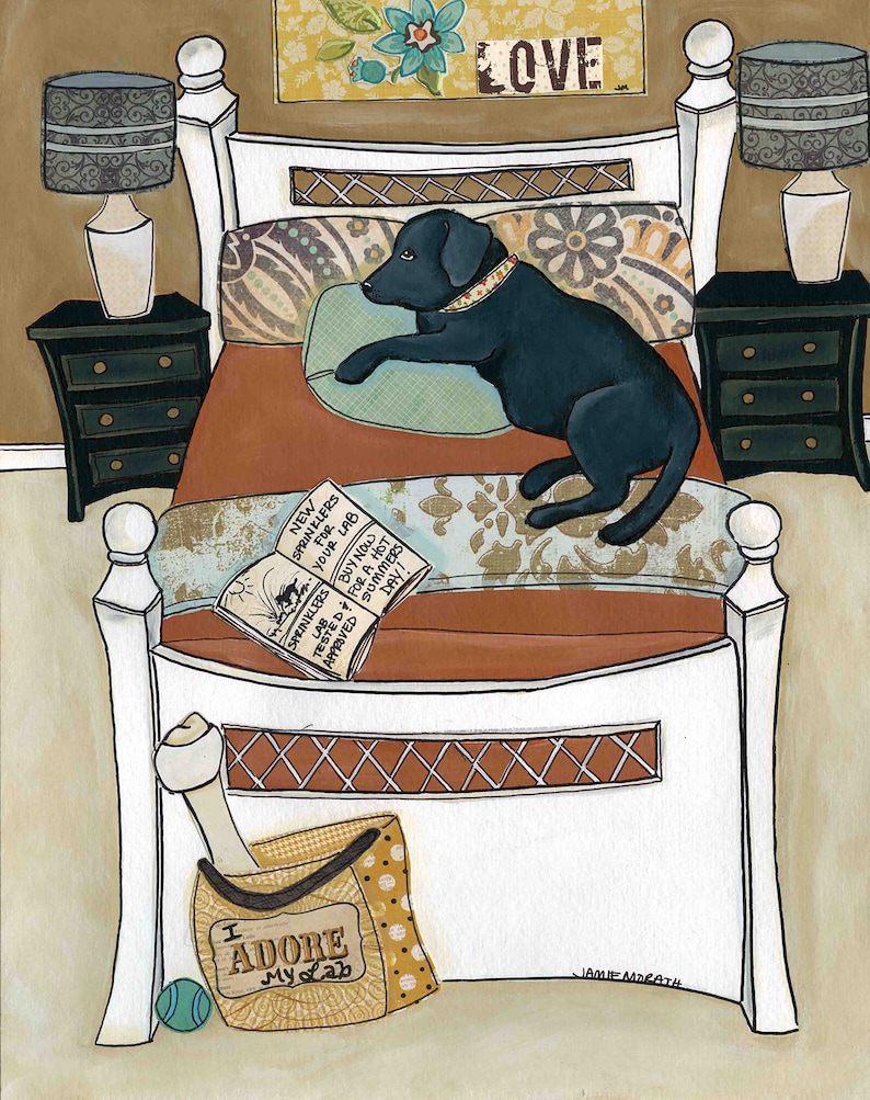 May include: A black Labrador Retriever dog is lying on a bed with a white frame and a brown patterned headboard. The dog is wearing a black collar with a silver buckle. There is a book on the bed with the text "SPRINKLERS FOR YOUR LAB BUY NOW TESTED FOR A HOT SUMMERS DAY! APPROVED". There is a brown and yellow bag with white polka dots and the text "I ADORE My Lab" on the floor next to the bed.