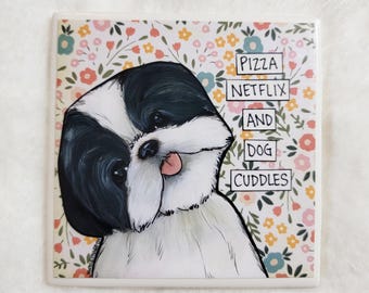Dog Cuddles, Shihtzu dog decorative coaster tile