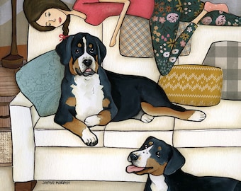 ORIGINAL PAINTING Mountains and Back, Greater Swiss Mountain dog ORIGINAL mixed media painting