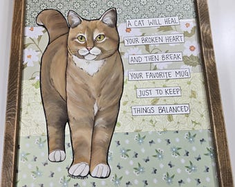 ORIGINAL Keep Things Balanced, mixed media cat painting