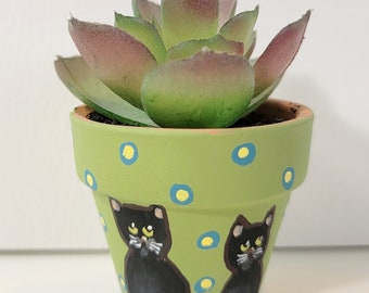 Black cat handpainted mini pot with succulent
