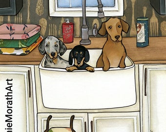 Sink Bath Weenies, dachshund dog wall art print