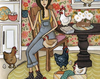 ORIGINAL PAINTING, Fresh Farm, whimsical chicken mom kitchen art. Great gift ideas for chicken loving, chicken laying eggs lovers.