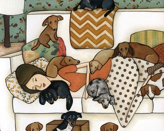 Weenie Cuddles Life, dachshund dog wall art print gifts