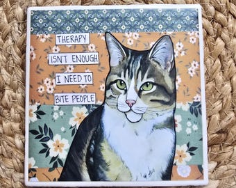 Therapy Cat, decorative coaster tile
