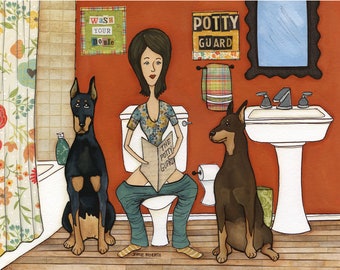 Potty Guard, Doberman dog wall art print gifts