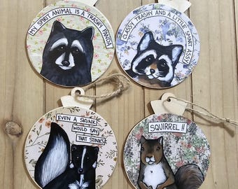 Animal Ornaments. Raccoon, Skunk, Squirrel