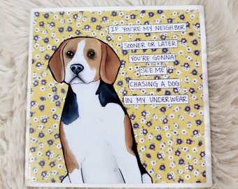 Chasing a Dog Beagle, decorative coaster tile. Great gift ideas for beagle dog lovers.