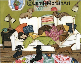 Couch Wieners, dachshund dog wall art print