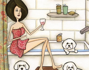 The Bichon Bath, Bichon Frise dog wall art print. Great gift ideas for dog lovers.