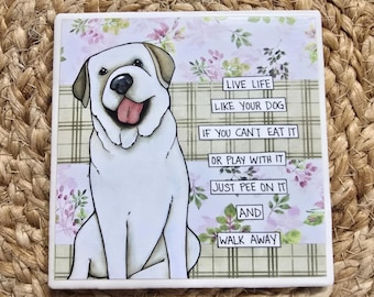 Live Life, yellow Labrador Retriever dog decorative coaster tile