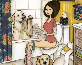 ORIGINAL PAINTING, The Golden Shower, Golden Retriever dog art