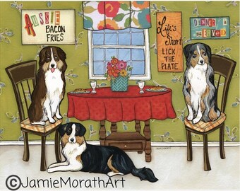 Aussies, Australian Shepherd dog wall art print. Great dog lovers gift ideas.