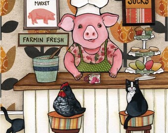 ORIGINAL PAINTING, Bacon Sucks, Whimsical pig kitchen wall art painting.