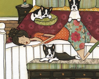 ORIGINAL PAINTING Boston's Bed- Boston Terrier dog Original mixed media painting