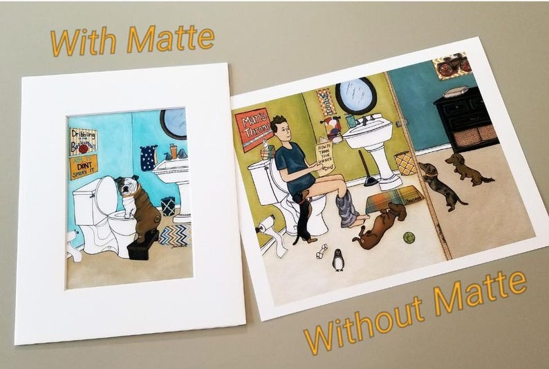 May include: A watercolor illustration of a bathroom scene with a person sitting on the toilet and several dogs. The person is wearing a blue shirt and has brown hair. The dogs are all different breeds and are in various poses. The bathroom is decorated with a blue and white tiled floor, a white toilet, and a white sink. The walls are painted a light blue color. The illustration is framed in a white mat.