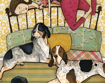 ORIGINAL PAINTING Coonhound Cuddles- dog original mixed media painting