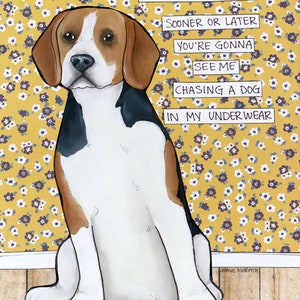Chasing A Dog, Beagle dog wall art print. Great gift ideas for beagle dog lovers.