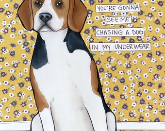 Chasing A Dog, Beagle dog wall art print gift