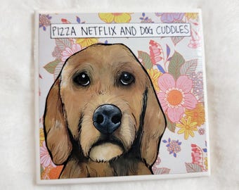 Dog Cuddles, Doodle dog decorative coaster tile