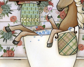 ORIGINAL PAINTING Wash Your Horsey - Whimsical horse in bathtub wall decor. Great gift ideas for horse lovers.